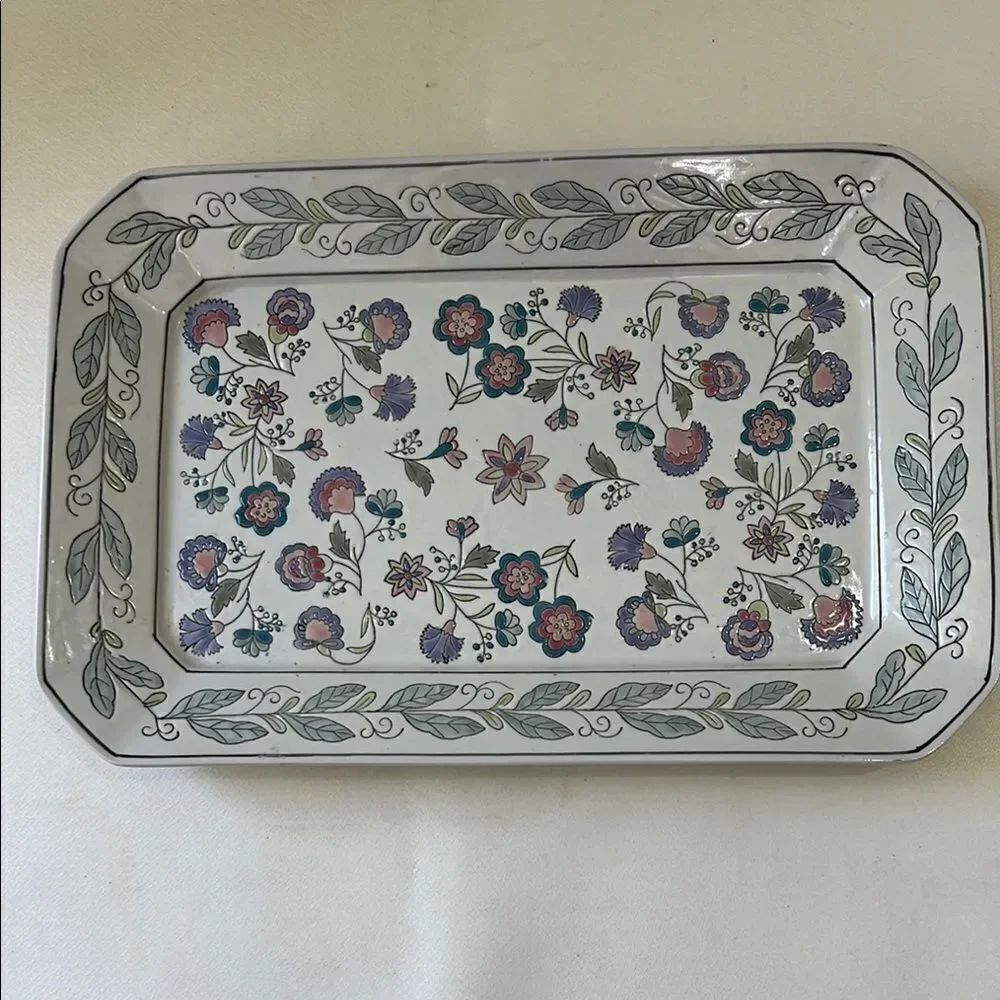 Jena Hall Ceramic Inspirations Art Tray 5 Lb 3.4 Platter White Pink Blue Floral